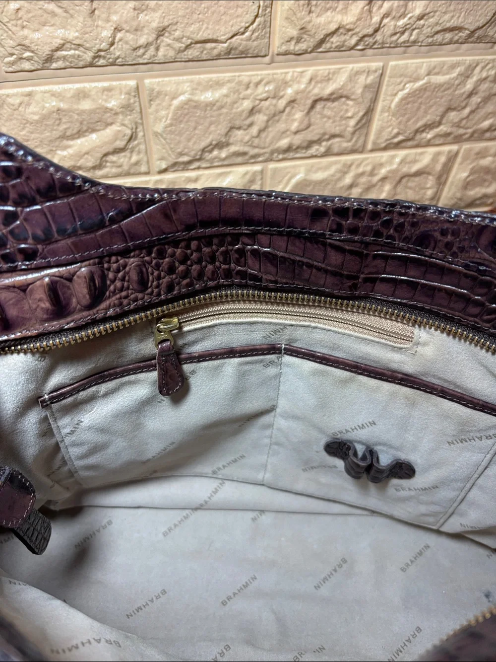 Brahmin Croc-Embossed Leather Shoulder Bag in Dark Brown w Burgundy Tones